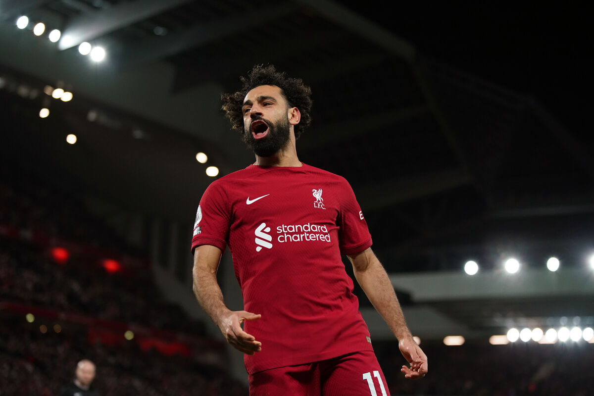 Liverpool's Mohamed Salah celebrates scoring his sides second goal against Wolves during their Premier League match at Anfield, Liverpool.