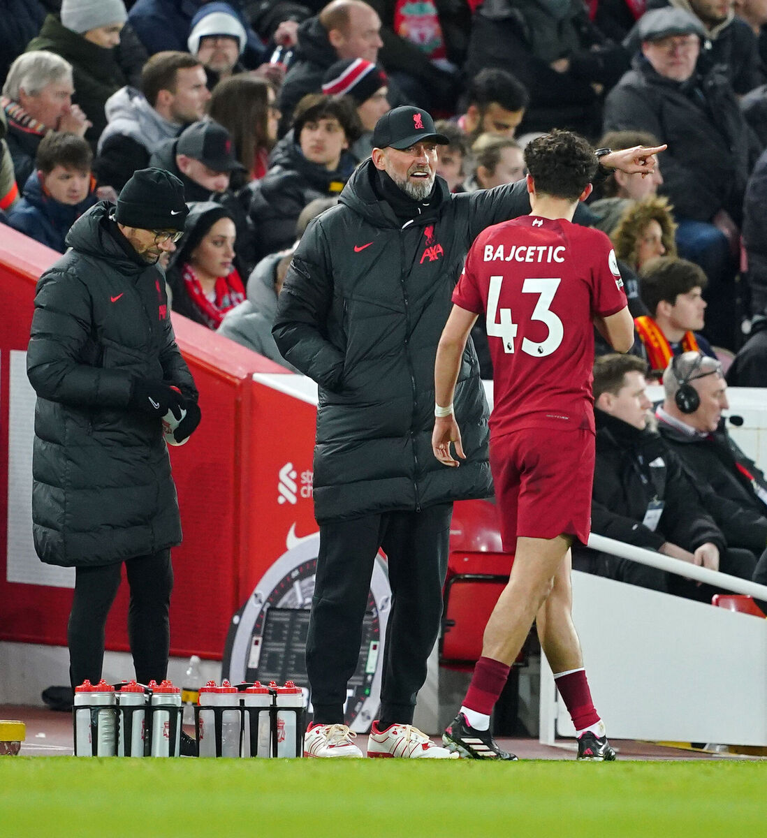 Liverpool manager Jurgen Klopp with Stefan Bajcetic (right) during the Premier League match at Anfield, on Wednesday. Picture: Peter Byrne/PA Wire