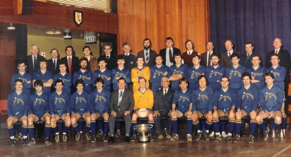 The St Finbarr's team that won the county and Munster club SFC titles in 1982. Bertie O'Brien, goalkeeper and captain, is in the middle of the front row.