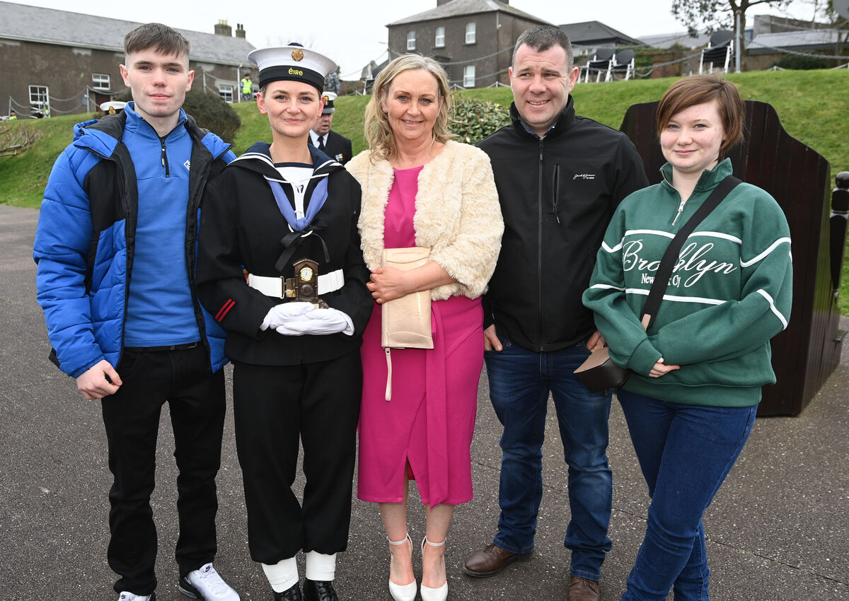 Aiva Tuohy (best kit) with her family, mum Dymphna, father Damien Moloney and brother Cian and sister Sophie after the naval recruits passing out parade at Haulbowline yesterday. Picture: Eddie O'Hare