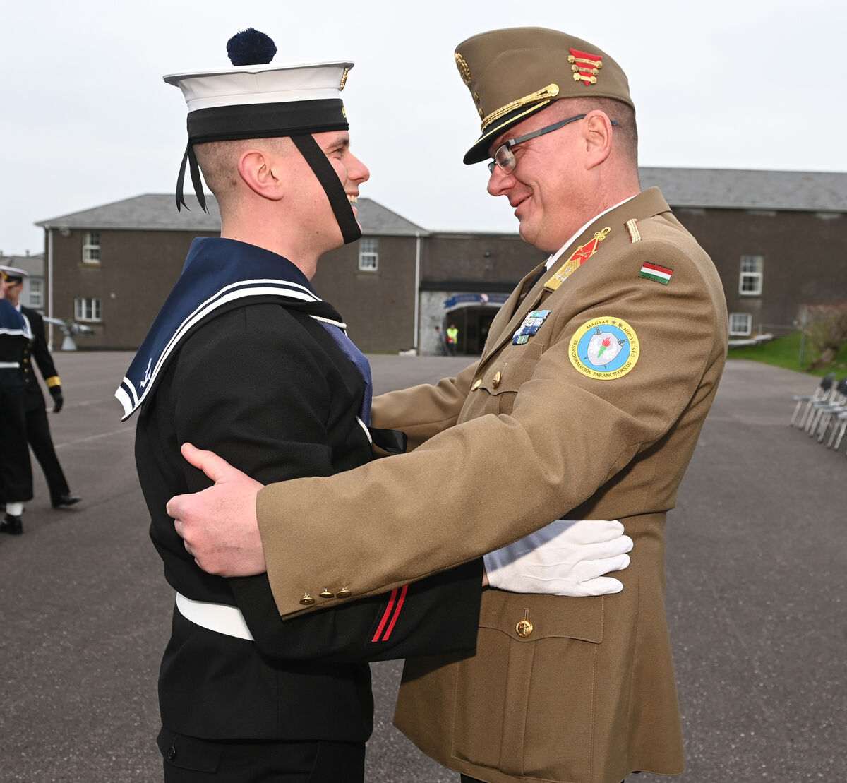 Geza Gulyas with his father Colonel Geza Gulyas (Hungarian army) after the naval recruits passing out parade at Haulbowline. Picture: Eddie O'Hare