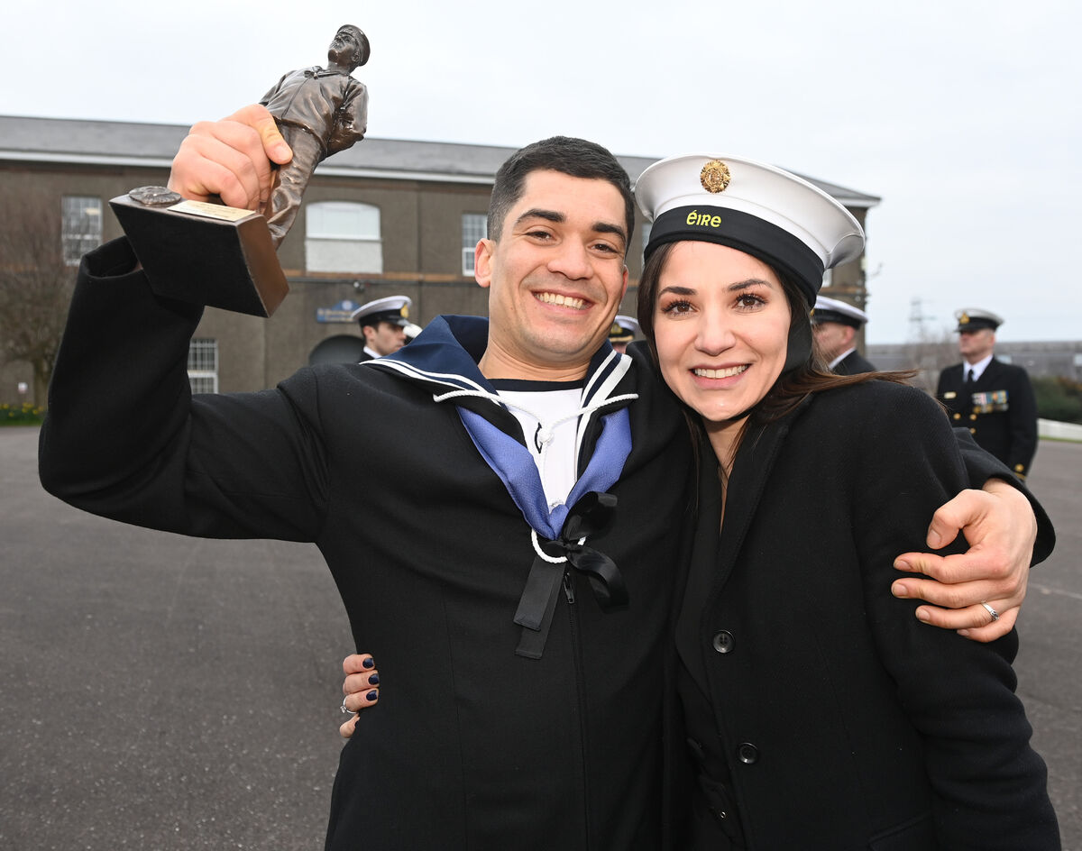 Matteus Konig, (best recruit) with his wife Maria after the naval recruits passing out parade at Haulbowline. Picture: Eddie O'Hare