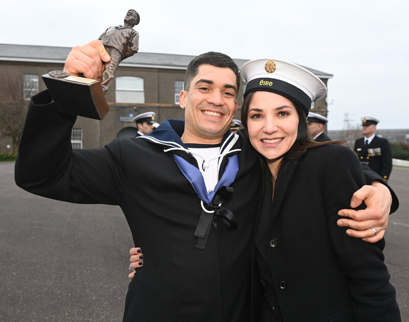Matteus Konig, (best recruit) with his wife Maria after the naval recruits passing out parade at Haulbowline. Picture: Eddie O'Hare