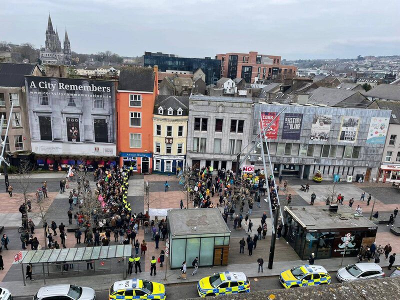 Gardaí form a barrier between opposing groups in Cork city on Saturday afternoon. Picture: Donal O'Keeffe Gardaí form a barrier between opposing groups in Cork city on Saturday afternoon. Picture: Donal O'Keeffe