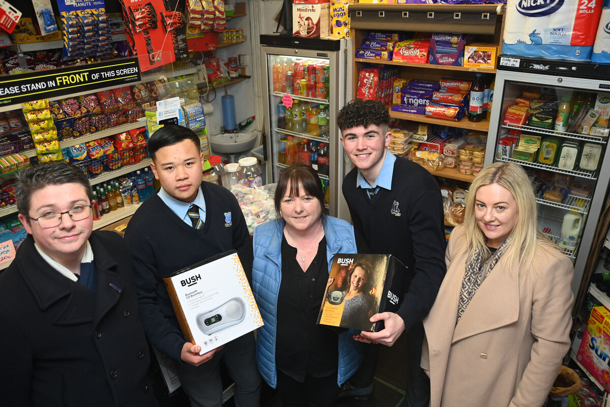 Tracie Field, owner of The Corner Shop on St Mary's Road who donated €100 to the Modern Languages Department at The North Monastery Secondary School, Cork pictured with teachers Mr Shane Ryan and Ms Claire O'Connor. and students Keeta Quilligan and Jamie Crowley. The department used the money to purchase Bluetooth CD and FM Radio BOOMBOXES for the classrooms. Pic: Larry Cummins