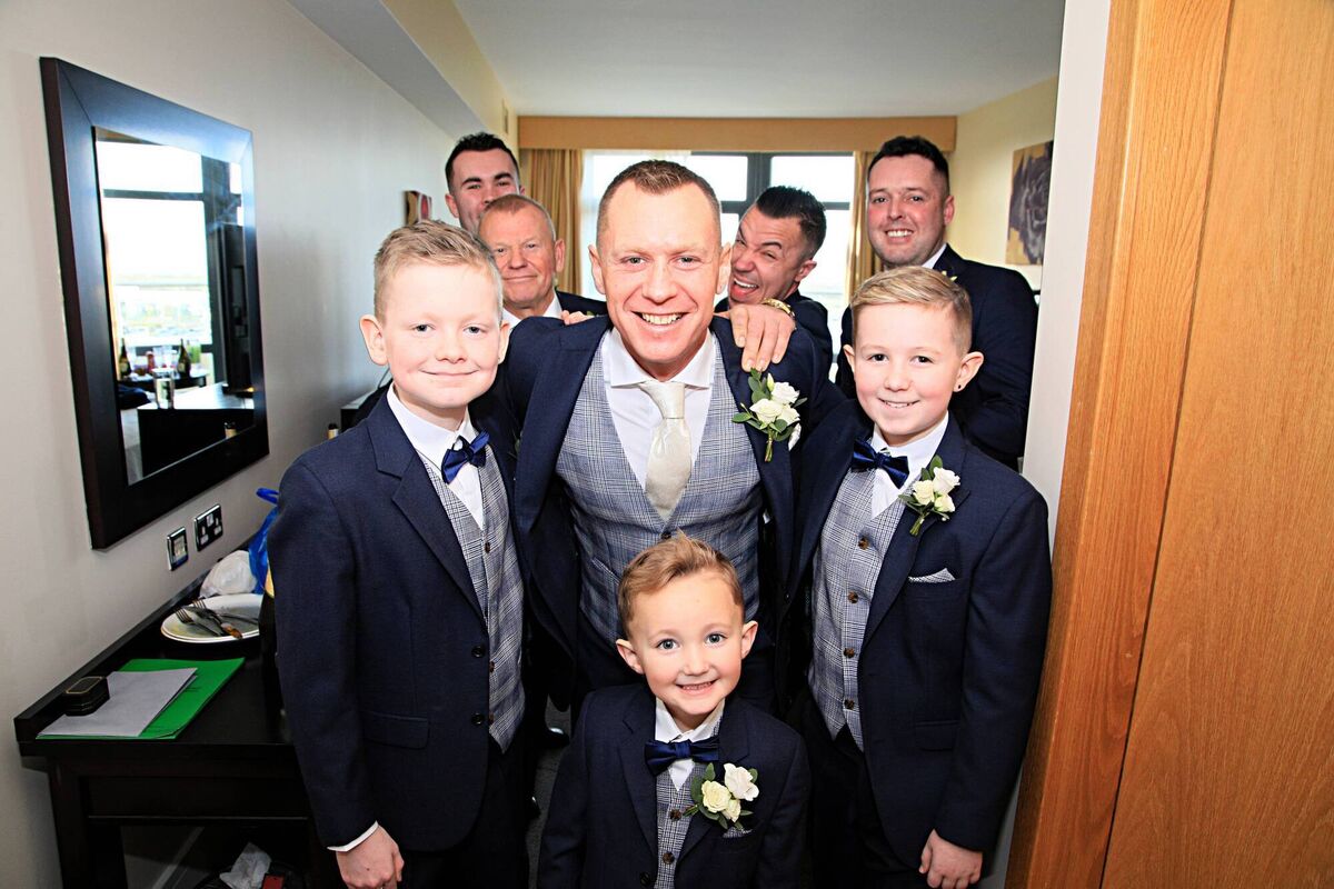 Stephen with sons, Jayden, Mason and Tyler, with best man Stephen Murphy, groomsmen Paul Depuis and Scott Moore.