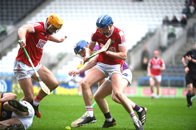 Cork midfielders Michael Mullins and Diarmuid Healy in action in the first half. Picture: Larry Cummins Cork midfielders Michael Mullins and Diarmuid Healy in action in the first half. Picture: Larry Cummins
