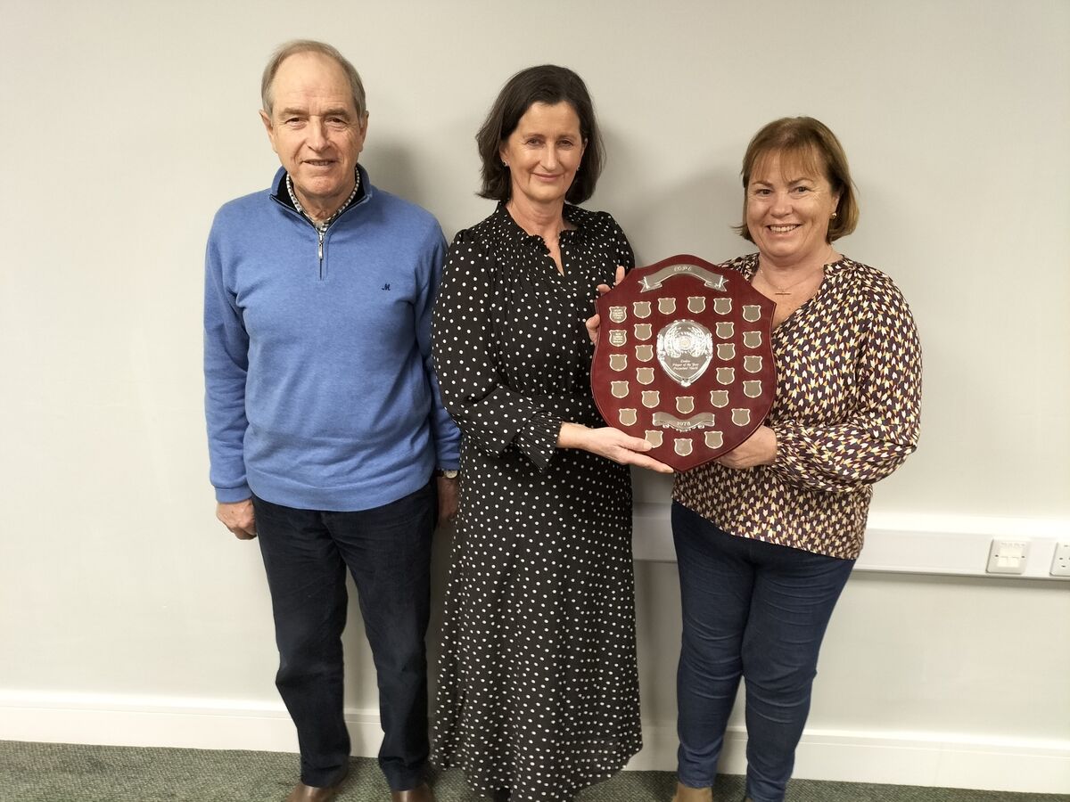 Mary Kilcoyne from Muskerry was the 2022 Golfer of the Year. Mary is pictured with Jim Harvey, President 2022 and Kay Barry, Captain 2022.