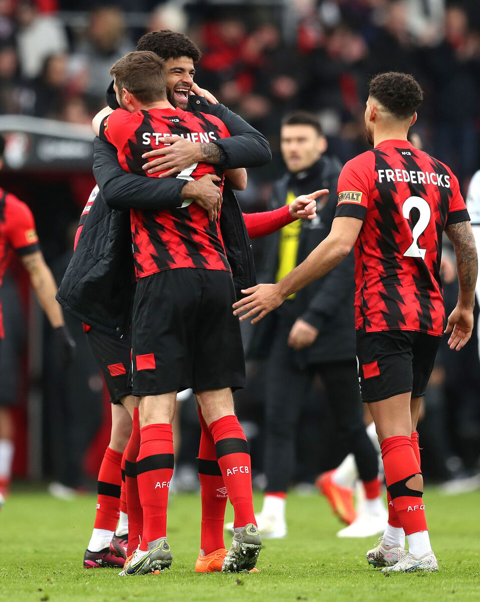 Bournemouth's Philip Billing (left) celebrates with Jack Stephens after the final whistle in the Premier League match against Liverpool at the Vitality Stadium, Bournemouth.	 Picture: Kieran Cleeves/PA Wire.