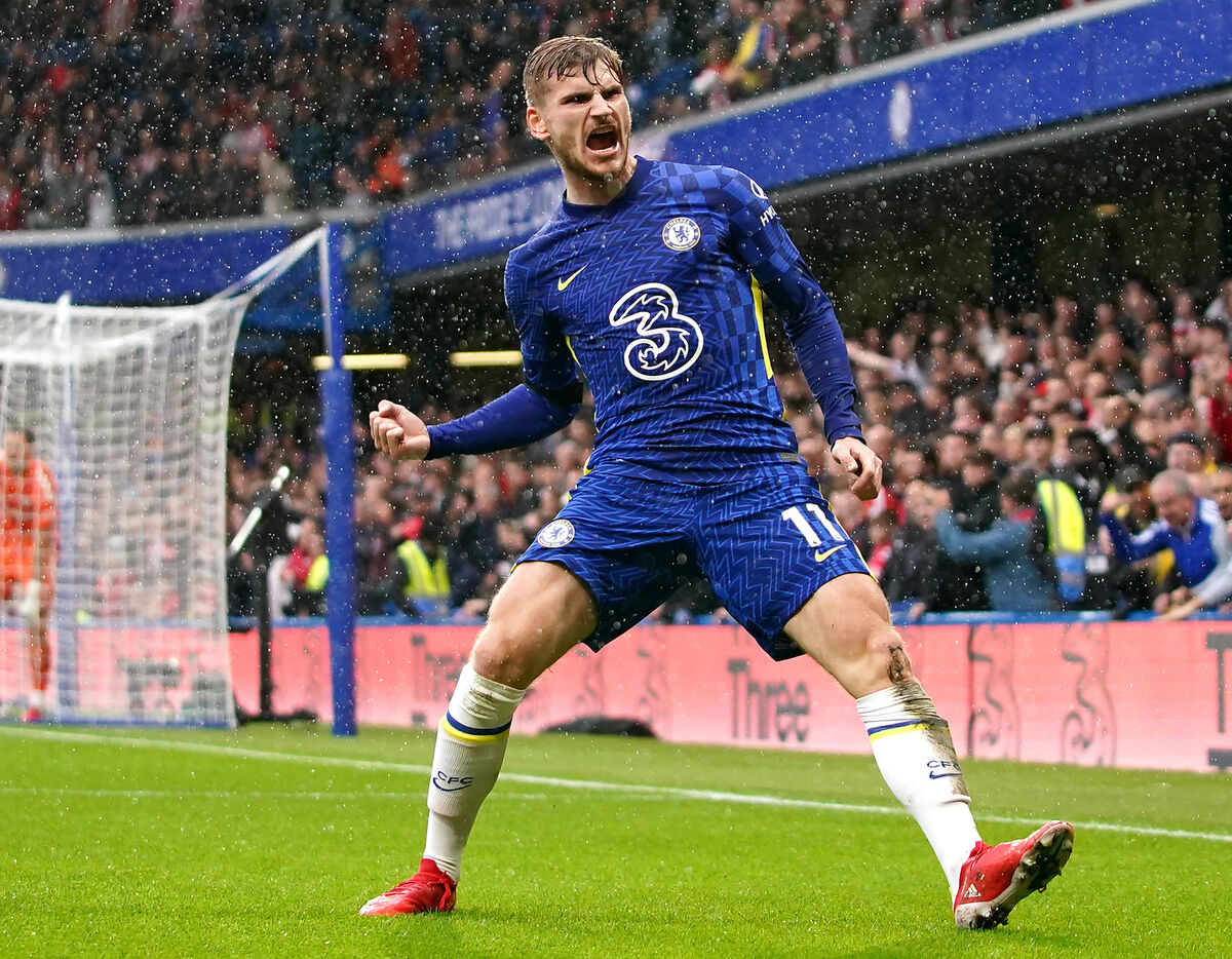 Chelsea's Timo Werner celebrates scoring their side's second goal of the game before it being overturned by VAR for offside during the Premier League match at Stamford Bridge, London.