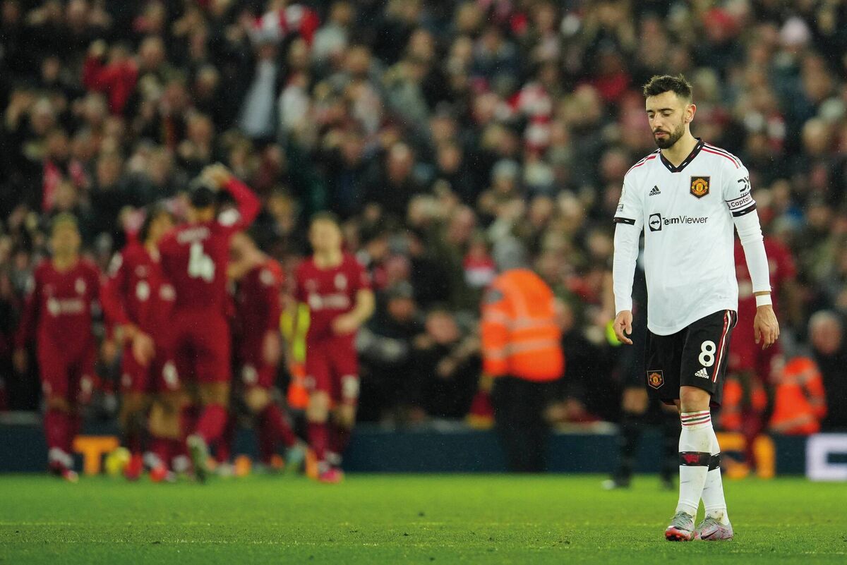 Manchester United's Bruno Fernandes reacts after Liverpool's Darwin Nunez scored his side's fifth goal during their  Premier League match at Anfield in Liverpool, Picture:  Photo/Jon Supe