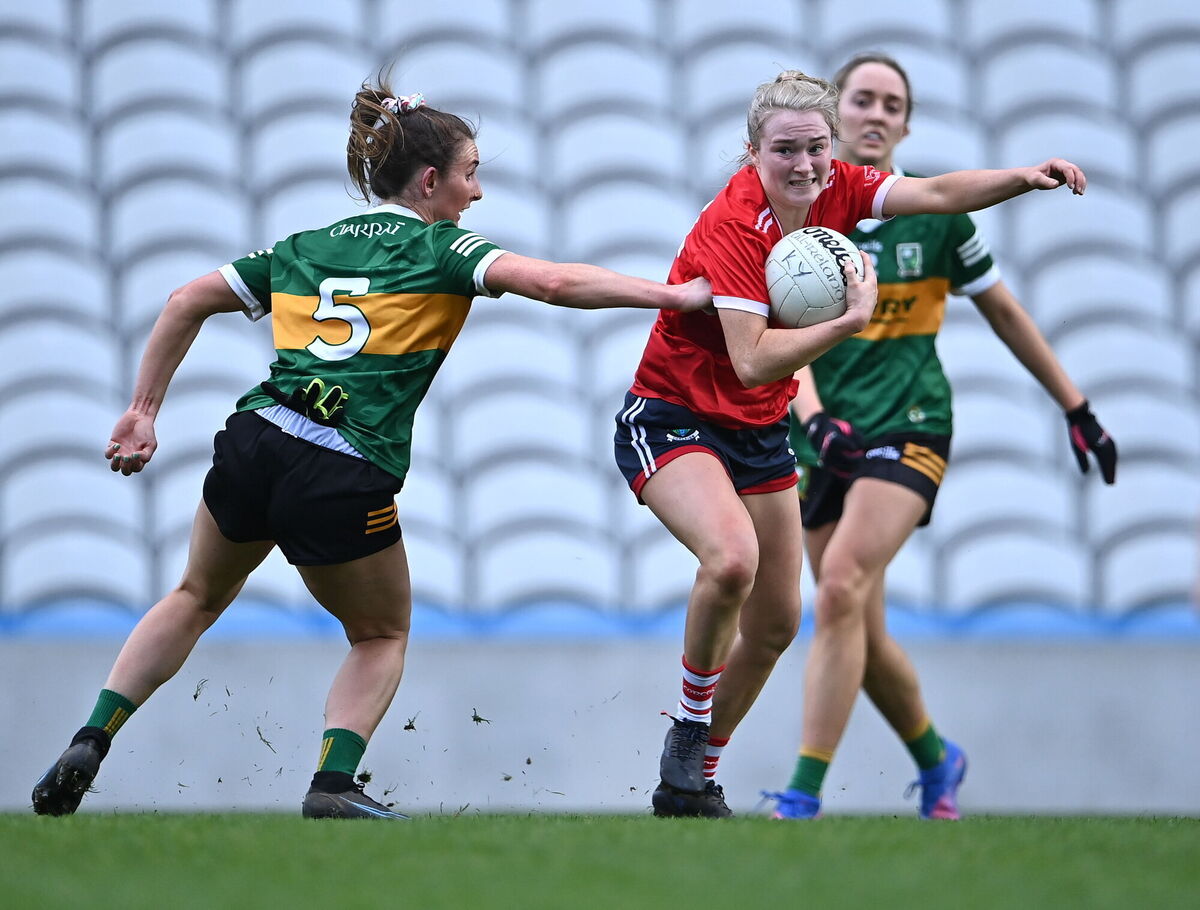 Eimear Kiely of Cork in action against Cáit Lynch and Amy Harrington of Kerry during the Lidl Ladies National Football League Division 1 match at Páirc Uí Chaoimh. Picture: Piaras Ó Mídheach/Sportsfile