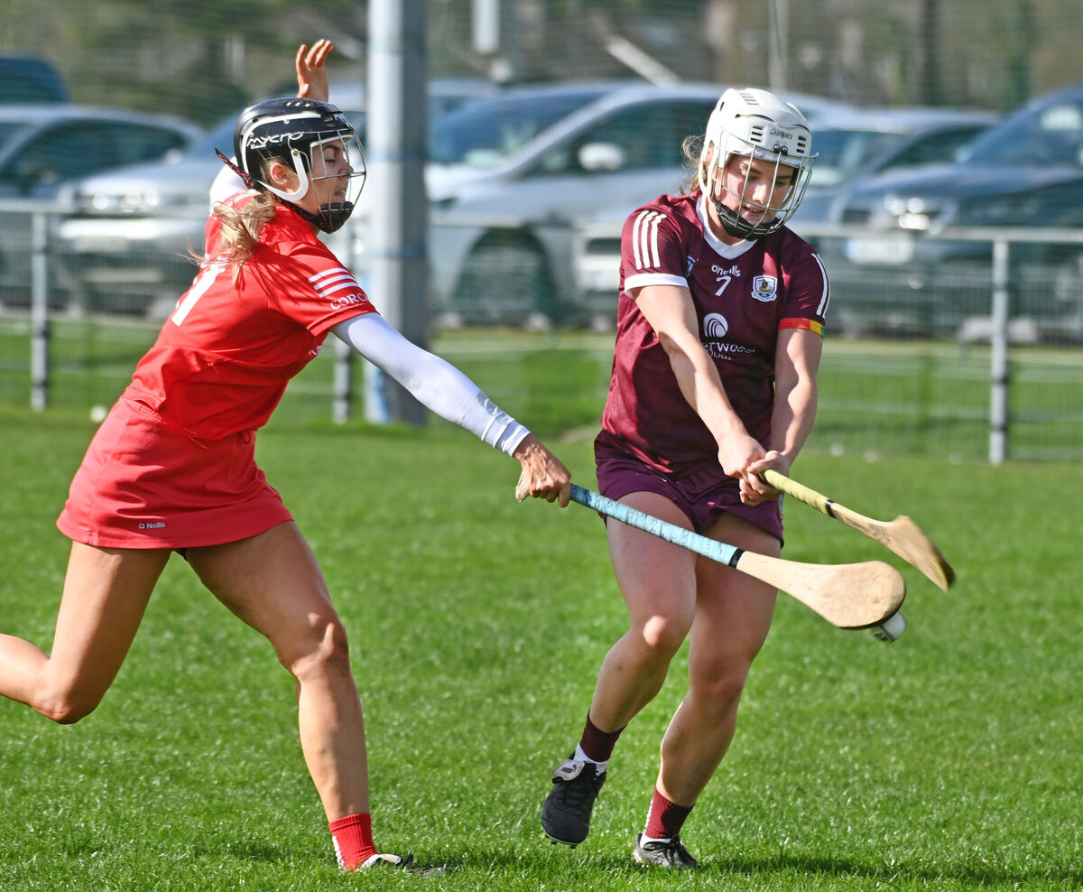 Cork's Lucy Allen blocks down this clearance by Galway's Joanne Daly. Picture: Eddie O'Hare