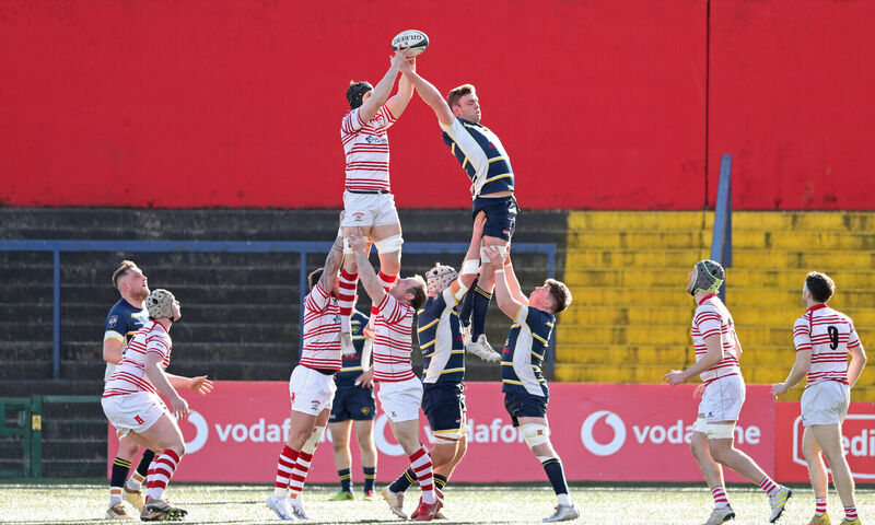 Line-out action involving Brian O'Mahony of Dolphin and John O'Flaherty, Nenagh Ormond, at Musgrave Park. Picture: Jim Coughlan.