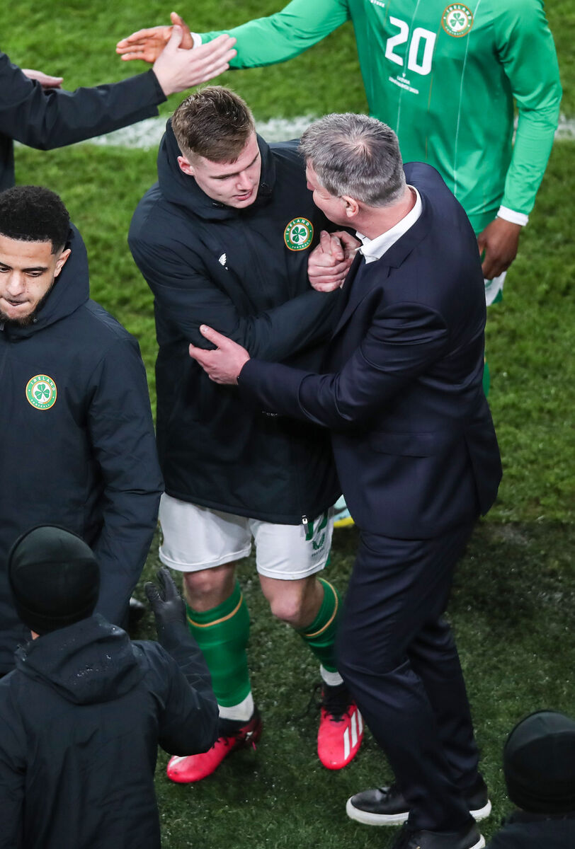 Ireland manager Stephen Kenny celebrates with Evan Ferguson after the Latvia game. Picture: INPHO/Evan Treacy