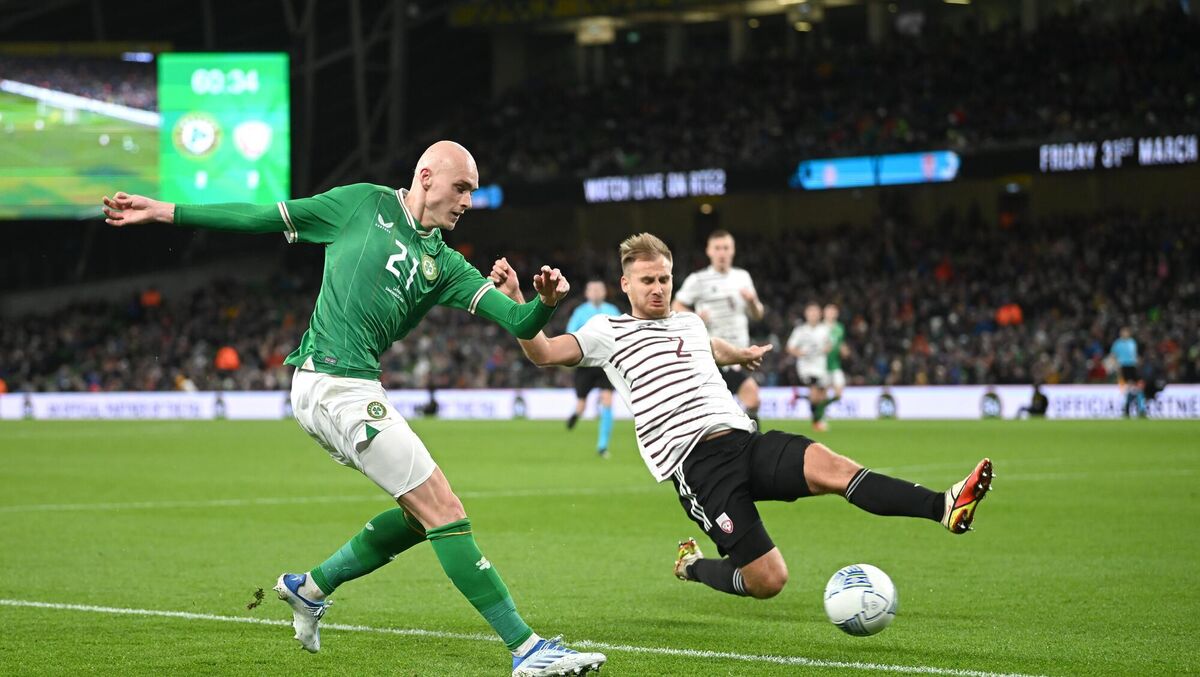  Ireland's Will Smallbone in action against Vladislavs Sorokins of Latvia during the international friendly match at Aviva Stadium in Dublin. Picture: Stephen McCarthy/Sportsfile