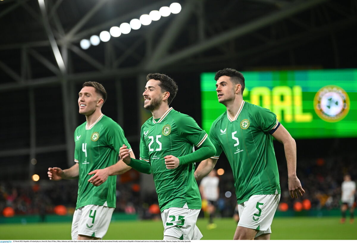 Irish players Dara O'Shea, Mikey Johnston and John Egan celebrate their side's third goal during the international friendly match against  Latvia at Aviva Stadium in Dublin. Picture:  Stephen McCarthy/Sportsfile