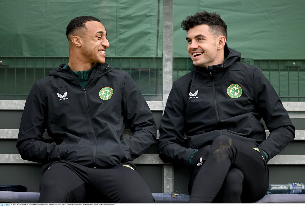 CORKERS: Adam Idah and John Egan at Ireland training in Abbotstown. Picture: Stephen McCarthy/Sportsfile CORKERS: Adam Idah and John Egan at Ireland training in Abbotstown. Picture: Stephen McCarthy/Sportsfile