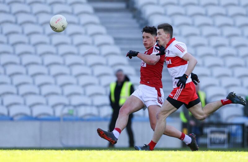 Cork’s Colm O’Callaghan shoots for a point against Derry in Páirc Uí Chaoimh. Picture: INPHO/Ken Sutton