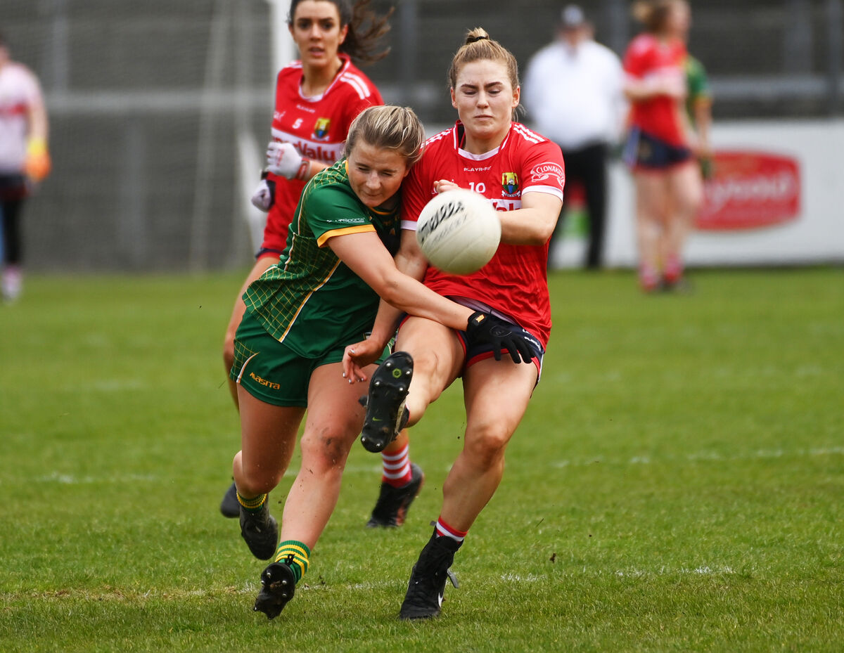 Cork's Libby Coppinger is tackled by Meath's Katie Hawe. Picture: Eddie O'Hare Cork's Libby Coppinger is tackled by Meath's Katie Hawe. Picture: Eddie O'Hare