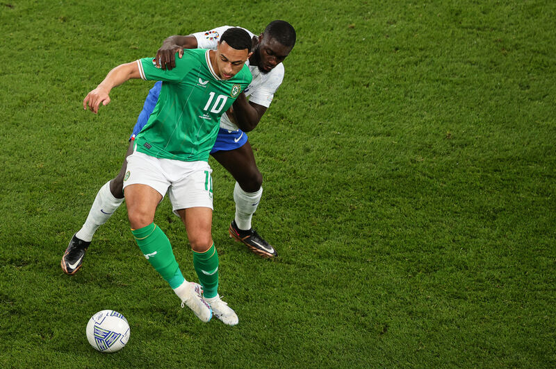 Ireland’s Adam Idah with Dayot Upamecano of France. Picture: INPHO/Ben Brady Ireland’s Adam Idah with Dayot Upamecano of France. Picture: INPHO/Ben Brady