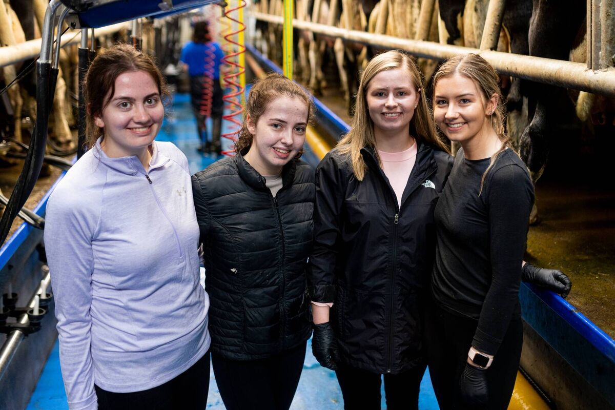 Jane, Kate, Ava and Anna Connelly in the milking parlour. 