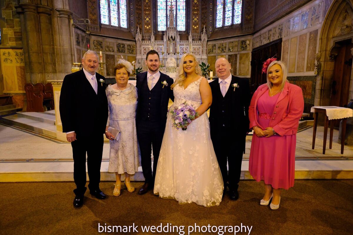The bride and groom with parents, left, Joe and Margaret Harrington, and right, Eugene and Teresa O Donovan. The bride and groom with parents, left, Joe and Margaret Harrington, and right, Eugene and Teresa O Donovan.
