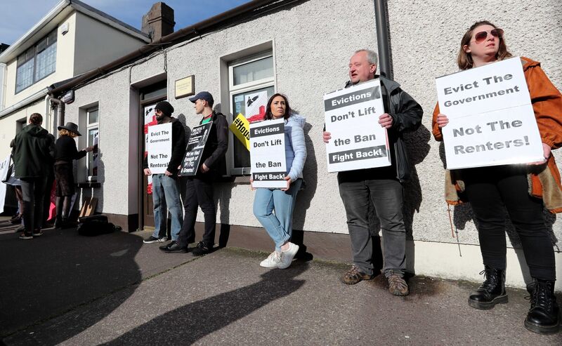 Eviction ban end protest at the constituency office of Tánaiste, Minister for Foreign Affairs and Minister for Defense, Micheál Martin TD, Evergreen Road, Turner's Cross, Cork.