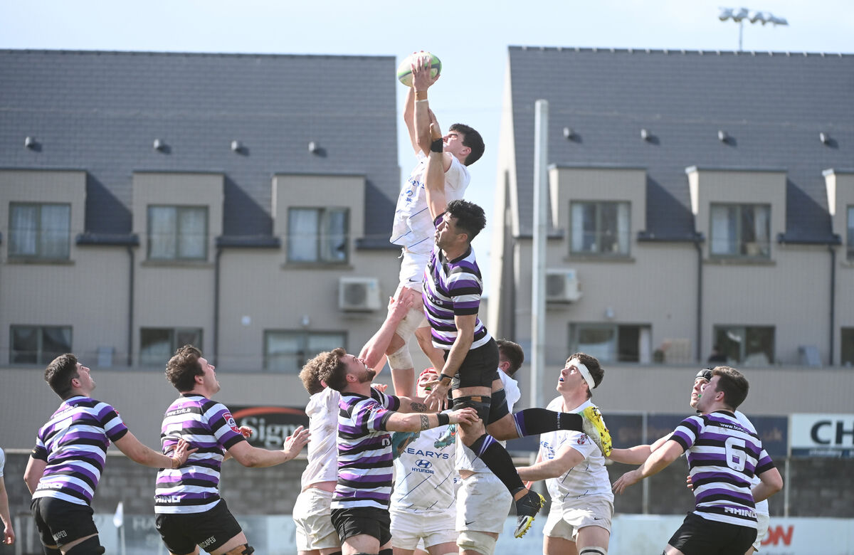  Dave Hyland wins possession for Cork Con in a lineout against Terenure. Picture: Larry Cummins.