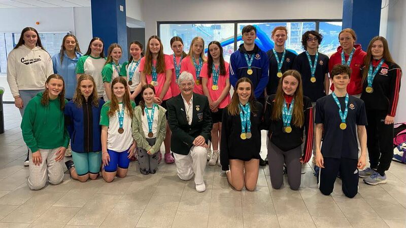 Senior Schools Relay Teams from St. Antelas, Scoil Mhuire, Midleton College and St. Aloysious Carrigtwohill, pictured with Swim Ireland President, Mary Haughney at the National Senior Schools Finals at the National Aquatic Centre Dublin. Swim Missing from the photo, Christian Brothers Cork. Photo: Cliona O'Connor No Repo Fee. Senior Schools Relay Teams from St. Antelas, Scoil Mhuire, Midleton College and St. Aloysious Carrigtwohill, pictured with Swim Ireland President, Mary Haughney at the National Senior Schools Finals at the National Aquatic Centre Dublin. Swim Missing from the photo, Christian Brothers Cork. Photo: Cliona O'Connor No Repo Fee.