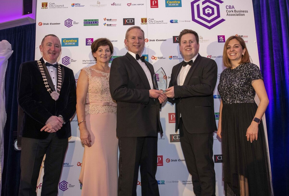 Best Cork Digital Business award (sponsored by Cork Airport) winners were HomeHak. From left: CBA President, Kevin Herlihy; Laura and Pat Drinan accepting the award from Barry Holland, Cork Airport. 