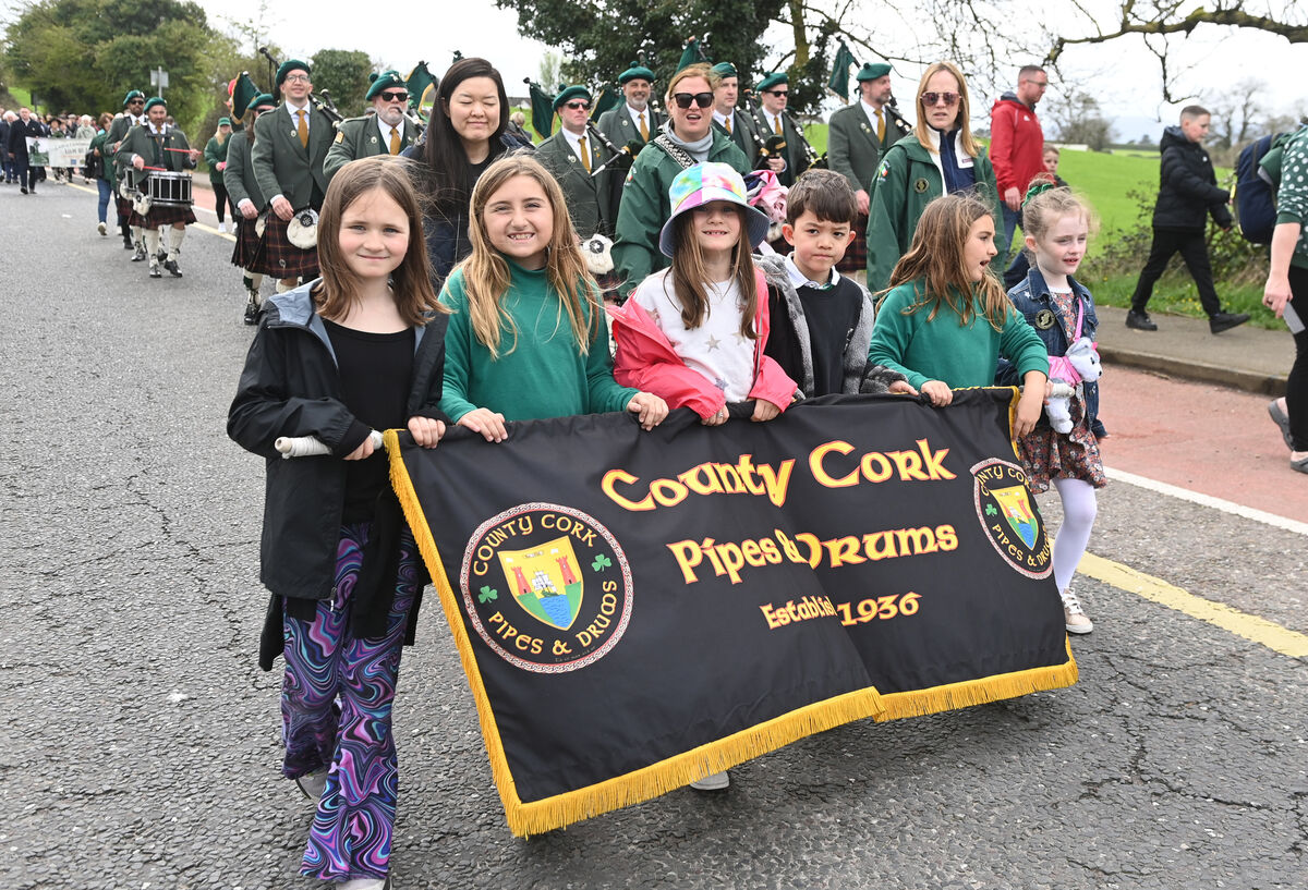 The County Cork Pipes and Drums band, New York taking part in the parade from Fermoy town to the Liam Lynch centenary commemoration at Kilcrumper cemetry. Picture; Eddie O'Hare