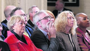 <p class="contextmenu internal_Caption">Gerry Adams listening to speakers during a ceremony to celebrate the 25th anniversary of the Good Friday Agreement in Stormont</p>