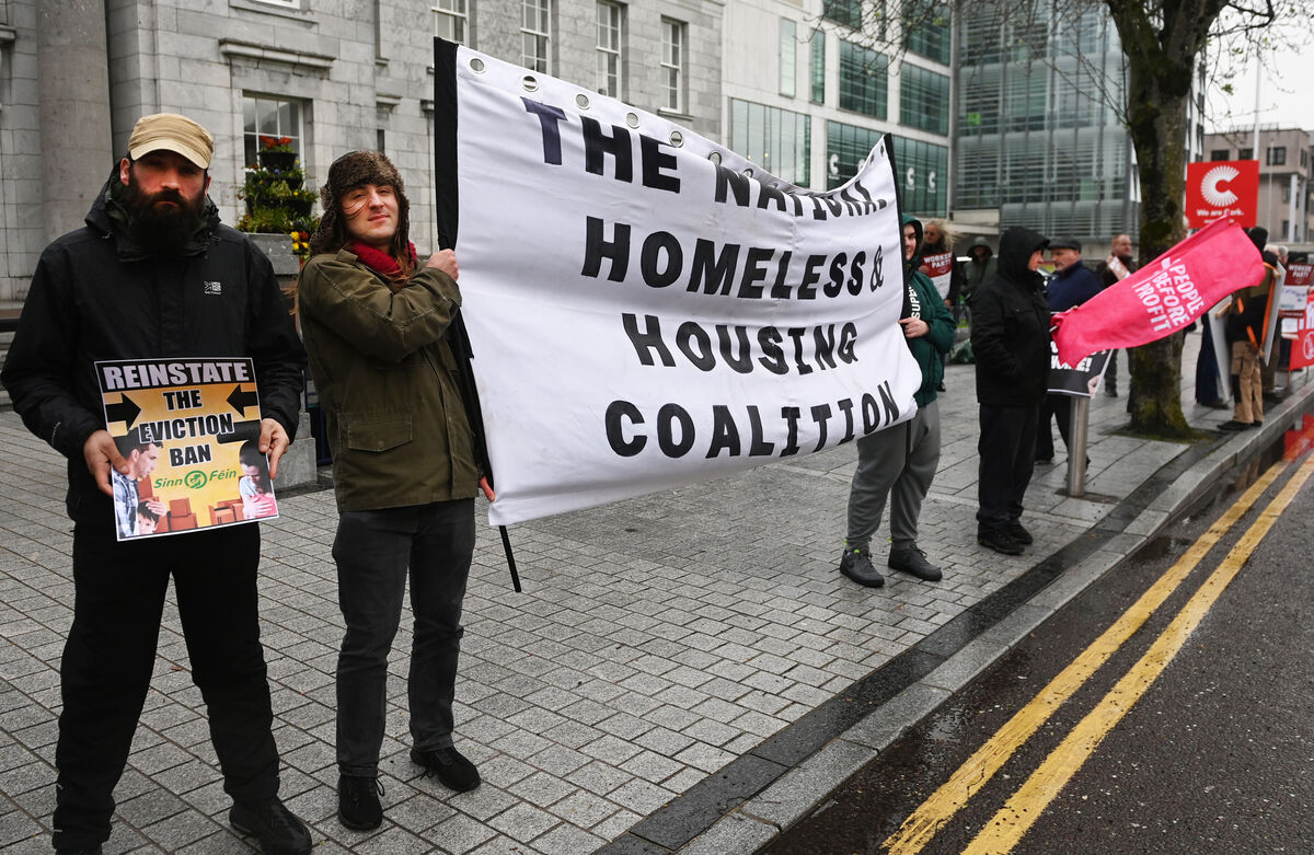 Sinn Féin, the Workers party and the Cost of Living Coalition protesting about the eviction ban and housing crisis outside the City Hall, Cork Picture: Eddie O'Hare