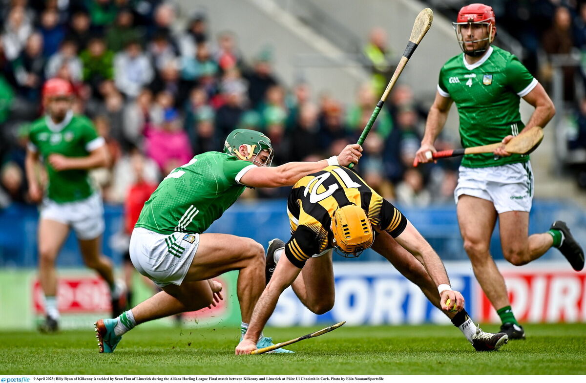 Billy Ryan of Kilkenny is tackled by Sean Finn of Limerick at Páirc Uí Chaoimh. Picture: Eóin Noonan/Sportsfile