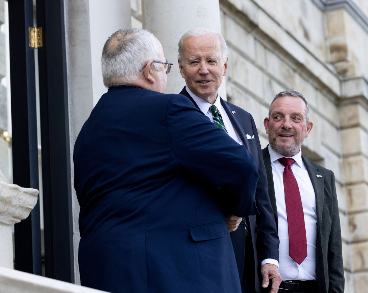 US President Joe Biden as he arrives at Leinster House ahead of a joint addresses to the Houses of the Oireachtas with Seán Ó Fearghaíl, Ceann Comhairle of Dáil Éireann and Senator Jerry Buttimer, Cathaoirleach of Seanad Éireann.