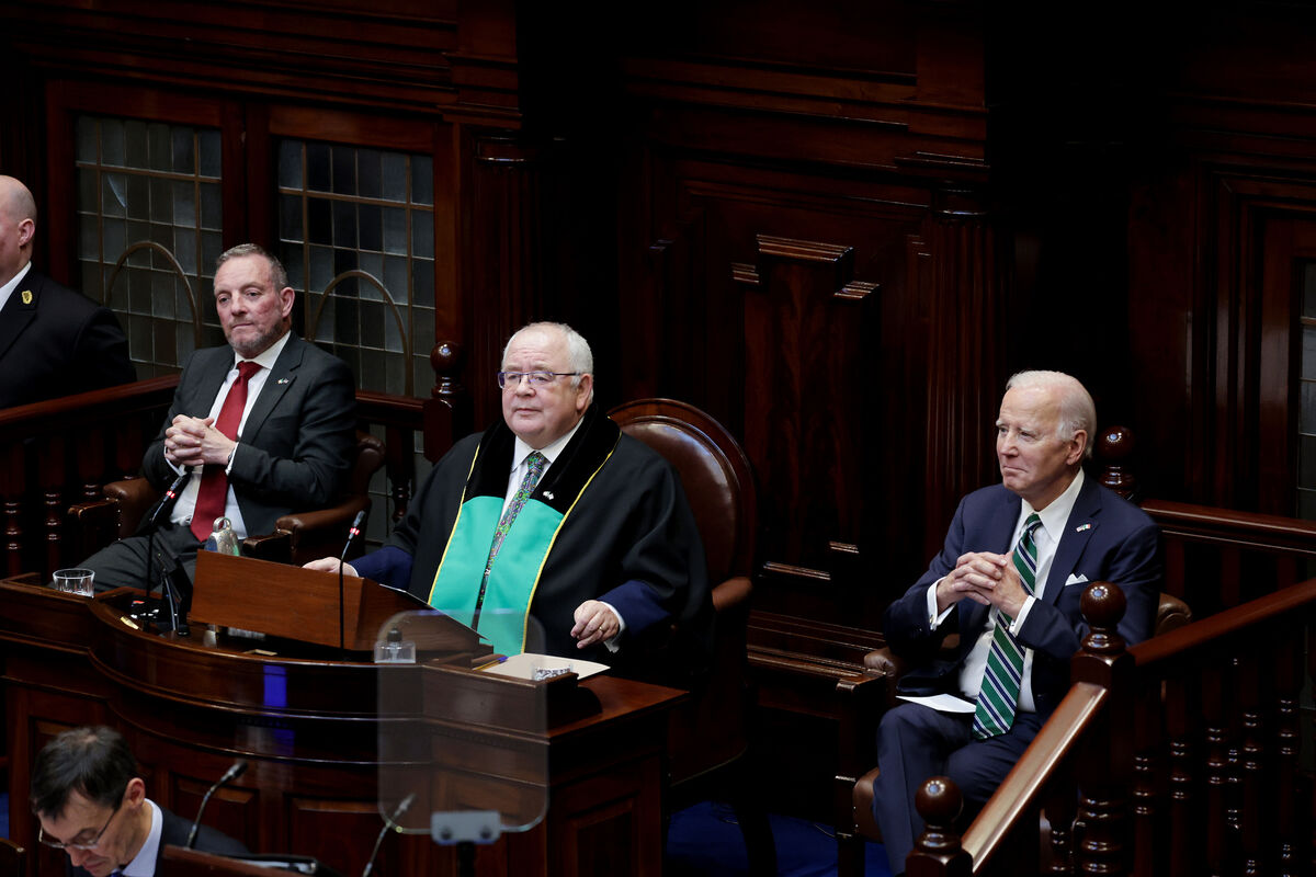 Jerry Buttimer,  Cathaoirleach of Seanad Éireann, Seán Ó Fearghaíl, Ceann Comhairle of Dáil Éireann, US President Joe Biden in the Dáil Chamber at Leinster House for a joint address to the Houses of the Oireachtas.