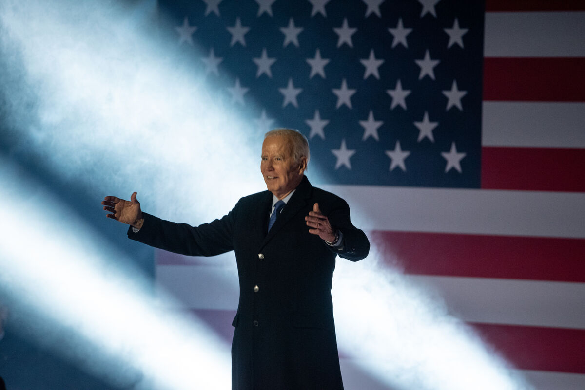 US President Joe Biden makes his way to the lectern outside St Muredach's Cathedral, Ballina, Co Mayo before addressing the crowd of 27,000 people on the banks of the River Moy. Picture: Cian O'Regan. 