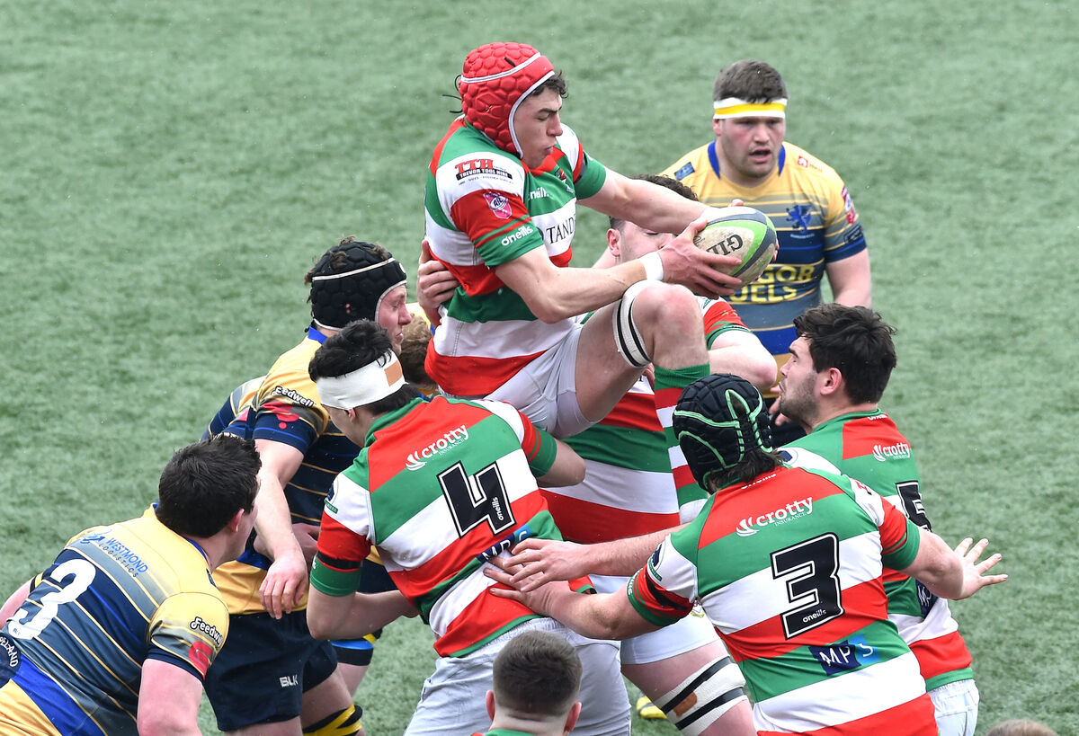 Sunday's Well's Conor O'Brien winning this ball against Bangor during their Energia All-Ireland League Men’s Division 2C match at Musgrave Park. Picture: Dan Linehan