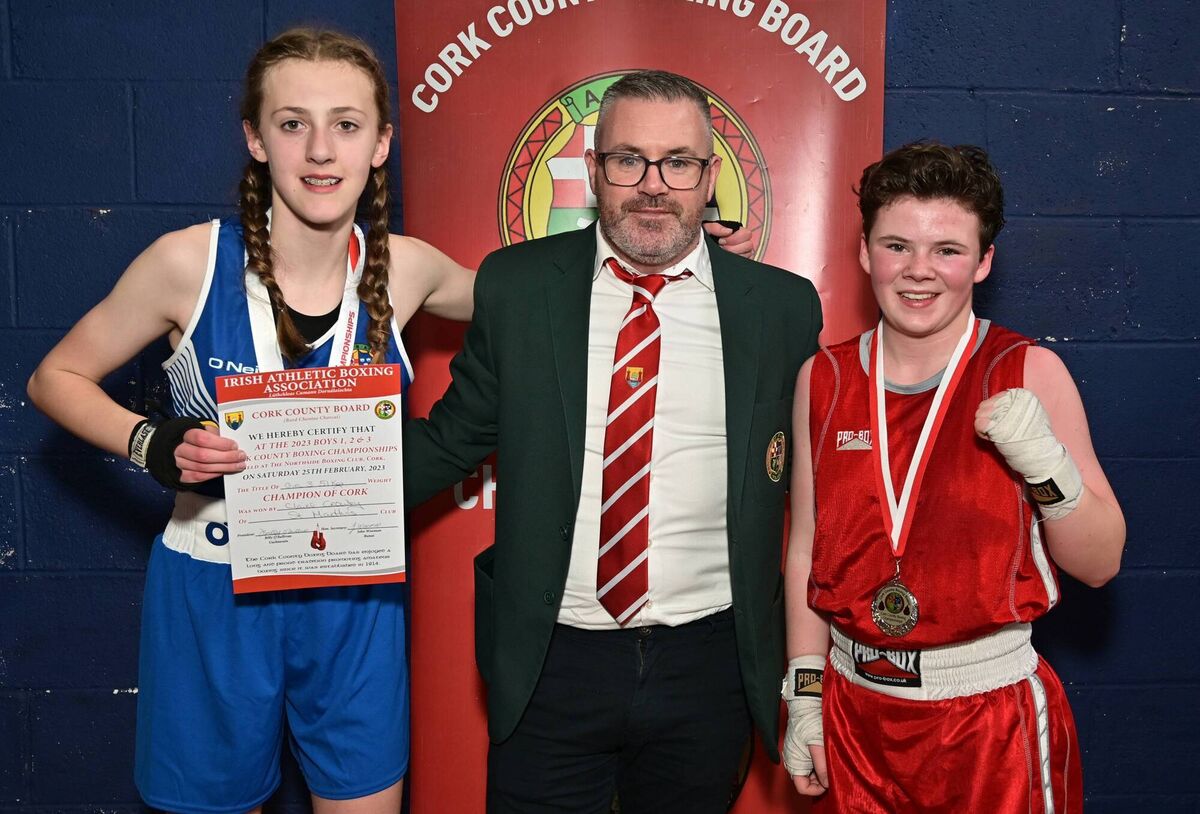 Cork County Boxing Championships, BG 1-3 — Girl 3 51kg winner Clare Crowley of St Marthas BC, Carrigtwohill and runner-up Keelyn Flynn of St Colmans BC, Shanagarry, pictured receiving their medals and certificate from Cork County Board President Billy O’Sullivan