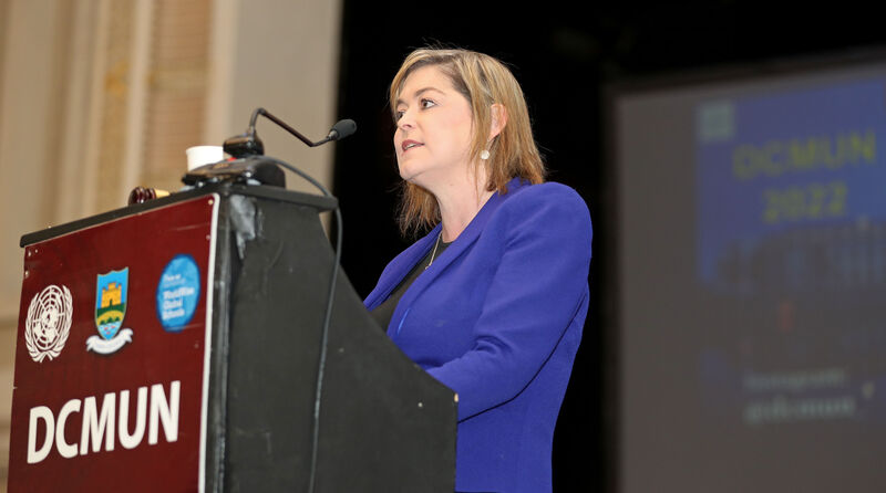 Pictured speaking is Professor Louise Crowley, UCC, at Day Two of the 2022 Model United Nations, hosted by Davis College Mallow, at City Hall, Cork. Picture: Jim Coughlan.