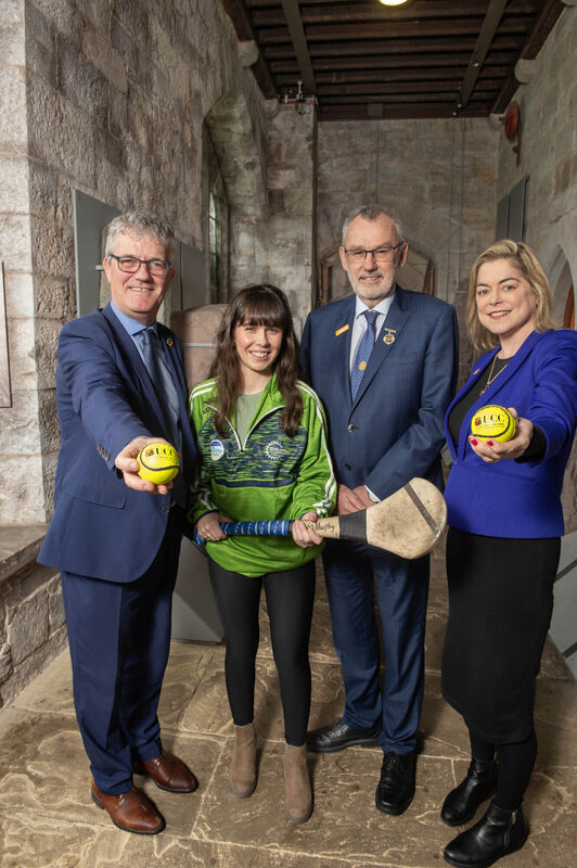 President John O Halloran, Prof. Louise Crowley and UCC GAA Club welcomed the President of Cumann Luthchleas Geal Larry McCarthy to UCC to officially launch UCC GAA Club becoming a GAA Healthy Club, joined by UCC Student Claire O'Shea Picture: Michael Mac Sweeney/Provision