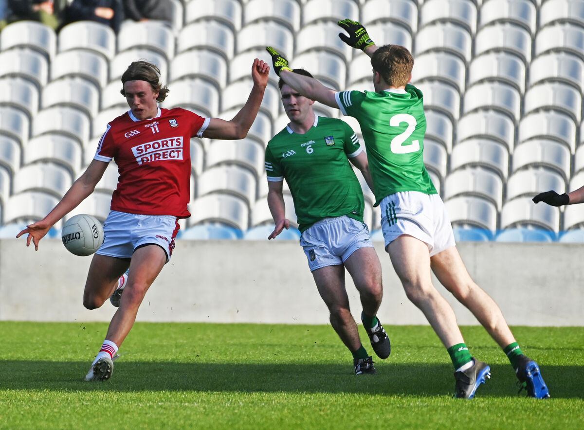 Cork U20 footballer Liam O'Connell shoots from Limerick's Tadhg Hourigan at Páirc Uí Chaoimh. Picture: Eddie O'Hare