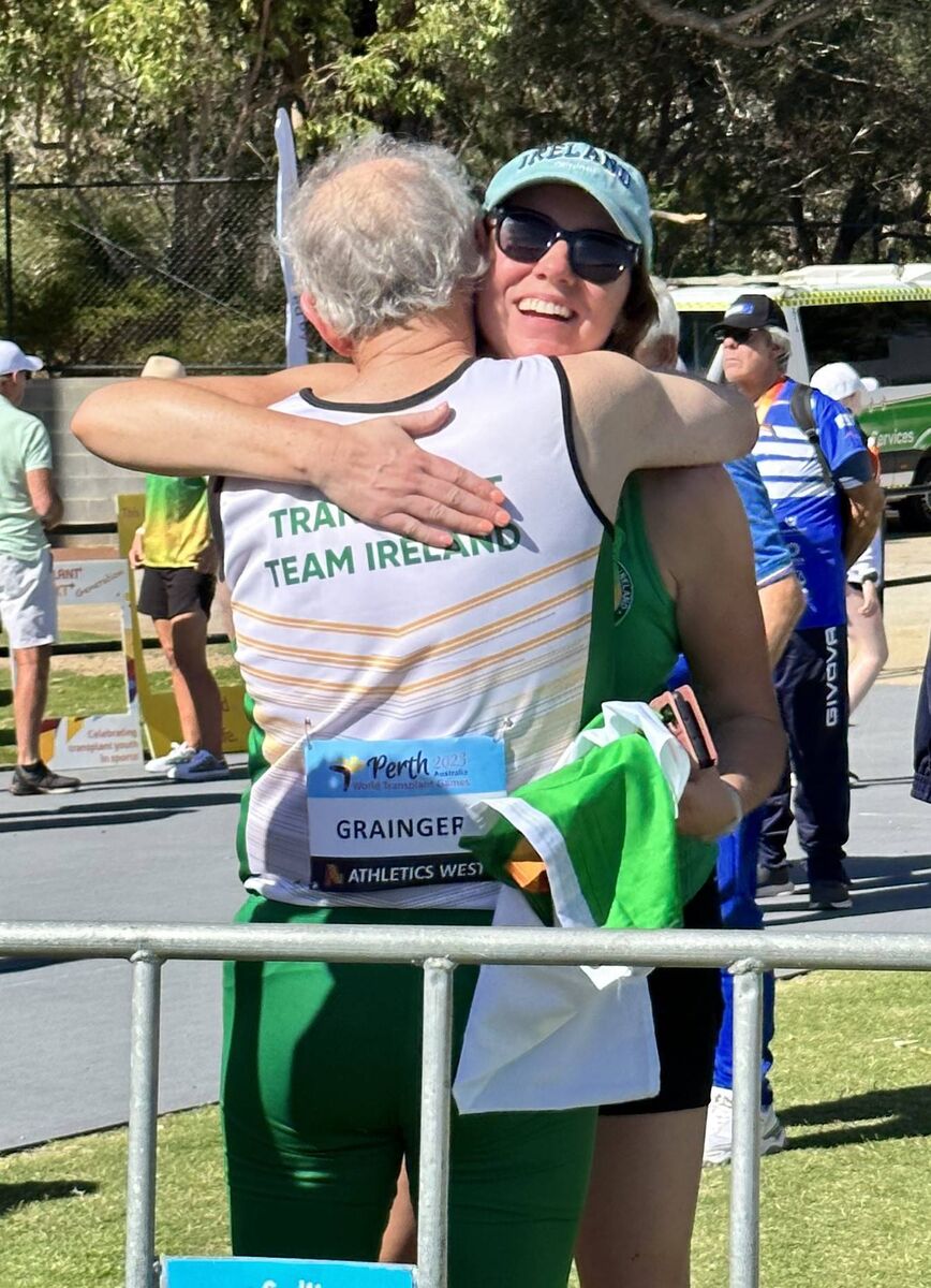 World Transplant Games Record 100m record breaker Ron Grainger hugging it out with Mairead O'Mahony who won Gold and Bronze in the shot putt. World Transplant Games Record 100m record breaker Ron Grainger hugging it out with Mairead O'Mahony who won Gold and Bronze in the shot putt.