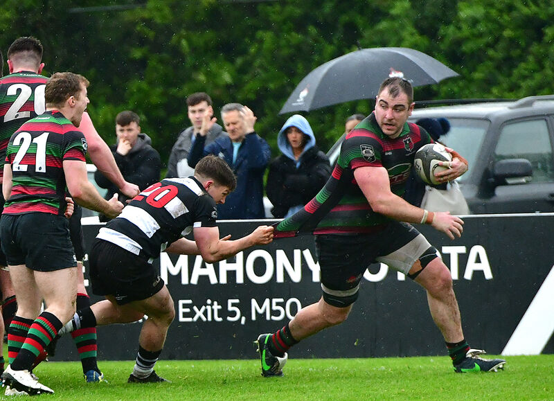 Highfield's Miah Cronin won't be stopped by Old Belvedere in their Energia All Ireland League Div 1A playoff at Donnybrook. Picture: Moya Nolan