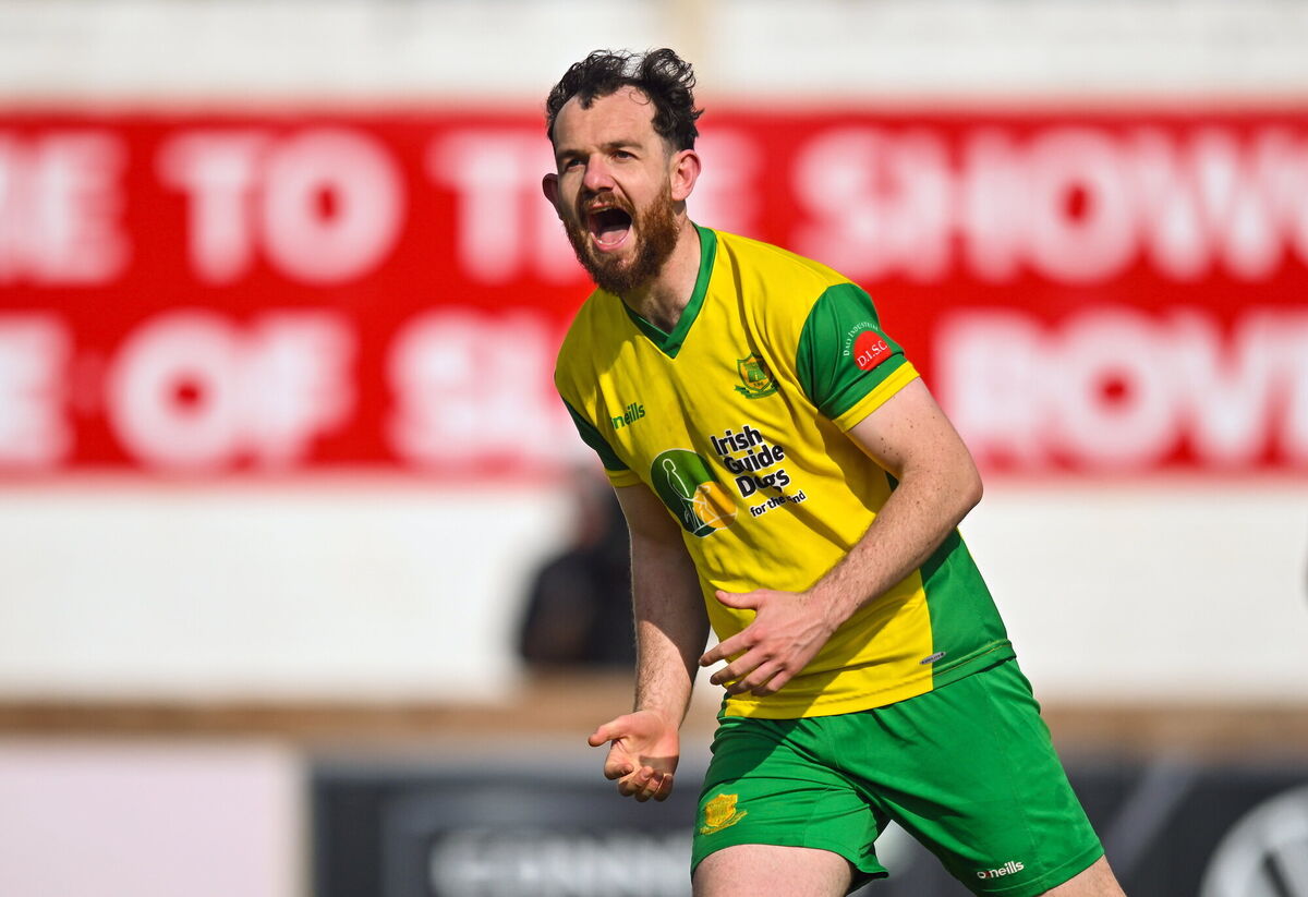Danny Aherne of Rockmount AFC celebrates after scoring a penalty in the penalty shootout during the FAI Intermediate Cup Final 2022/23 match between Cockhill Celtic and Rockmount AFC at The Showgrounds in Sligo. Photo by Ben McShane/Sportsfile