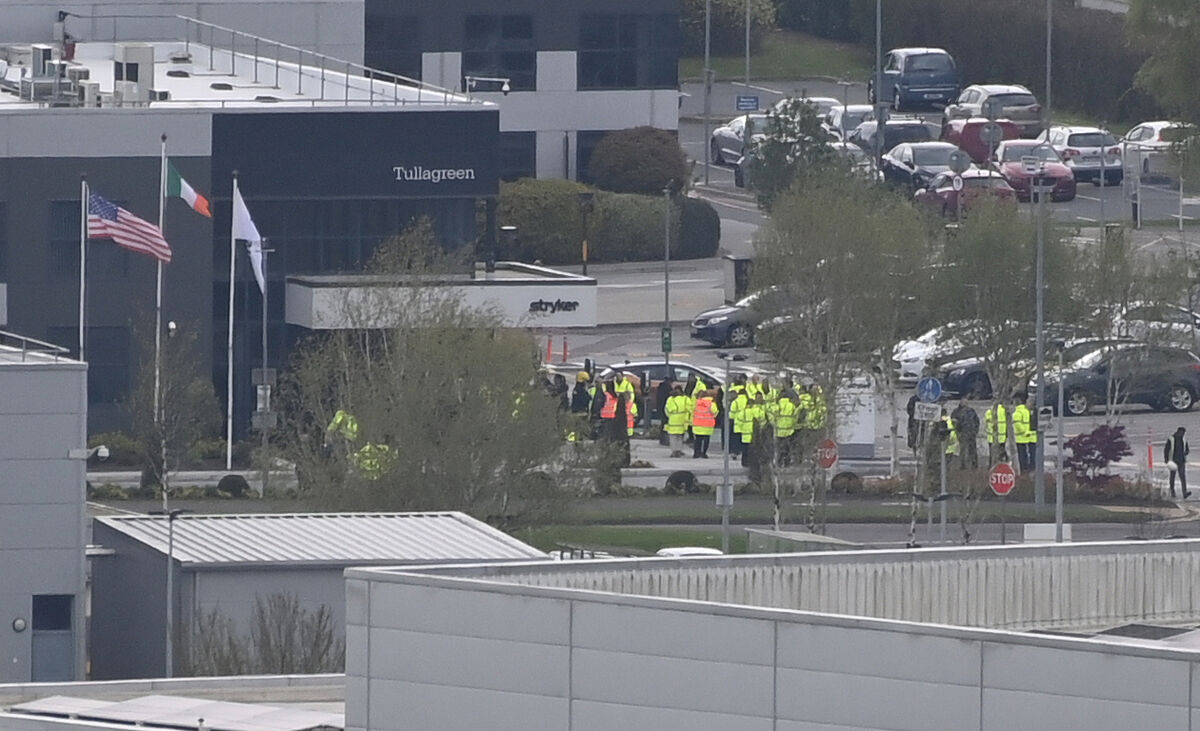 Workers outside the Stryker plant, Tullagreen, Carrigtwohill IDA on Tuesday. Picture: Eddie O'Hare Workers outside the Stryker plant, Tullagreen, Carrigtwohill IDA on Tuesday. Picture: Eddie O'Hare