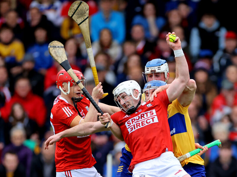 Clare’s Rory Hayes and Diarmuid Ryan battling Alan Connolly and Patrick Horgan of Cork. Picture: INPHO/James Crombie Clare’s Rory Hayes and Diarmuid Ryan battling Alan Connolly and Patrick Horgan of Cork. Picture: INPHO/James Crombie