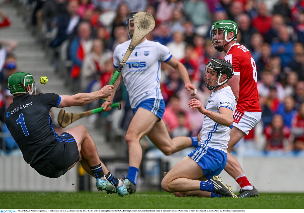 Waterford goalkeeper Billy Nolan saves a goalbound shot by Brian Roche at Páirc Uí Chaoimh. Picture: Brendan Moran/Sportsfile Waterford goalkeeper Billy Nolan saves a goalbound shot by Brian Roche at Páirc Uí Chaoimh. Picture: Brendan Moran/Sportsfile