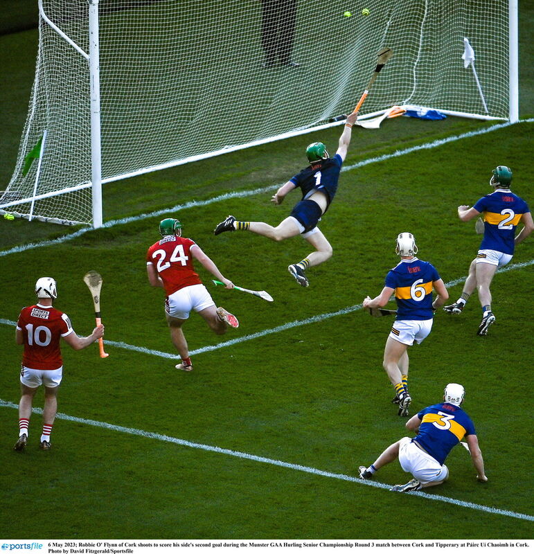 Cork's Robbie O' Flynn shoots to score his side's second goal during the Munster SHC game at Páirc Uí Chaoimh. Picture: David Fitzgerald/Sportsfile